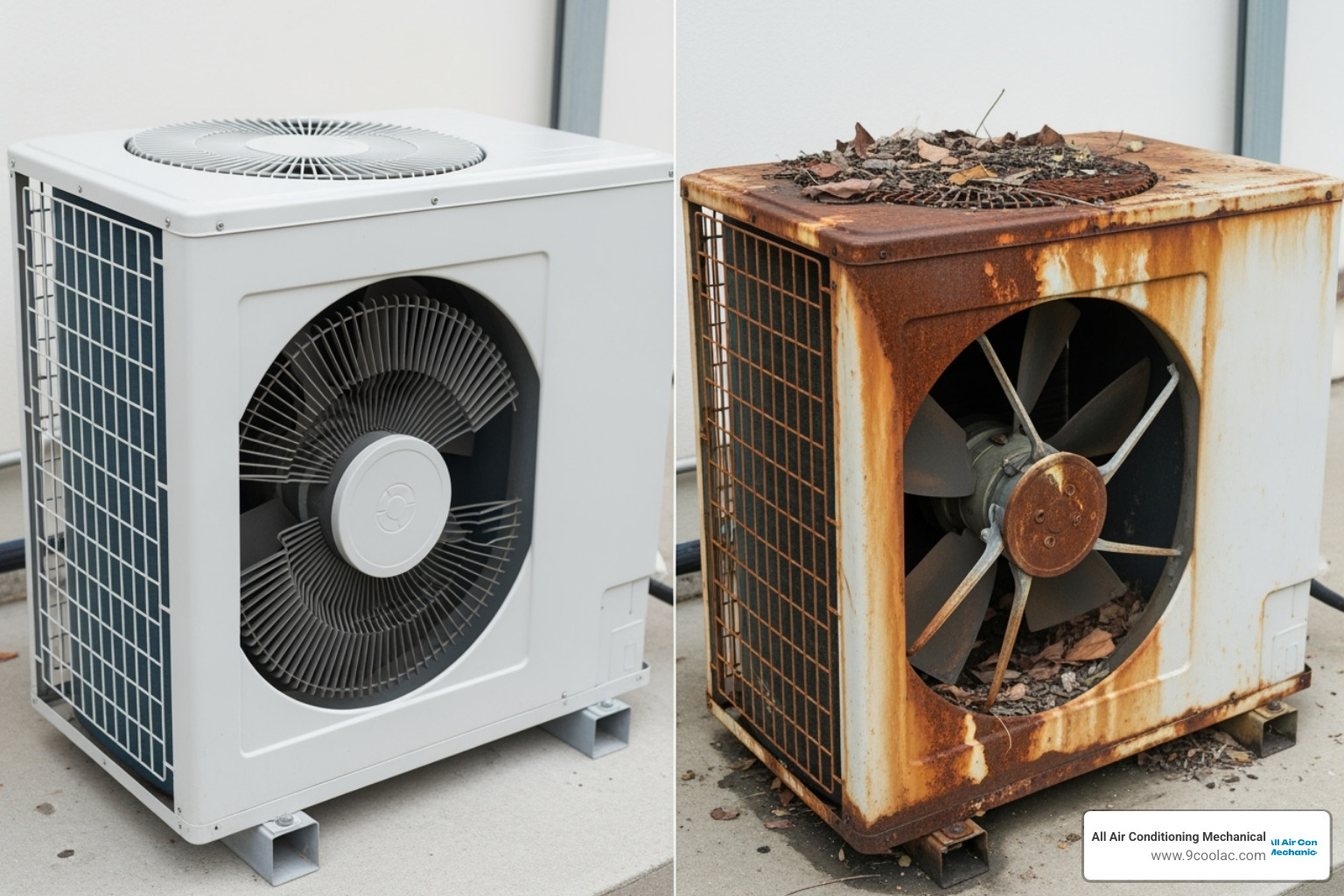 A split image showing a healthy, clean AC unit on one side and a dirty, malfunctioning unit with visible issues on the other - ac maintenance pembroke pines