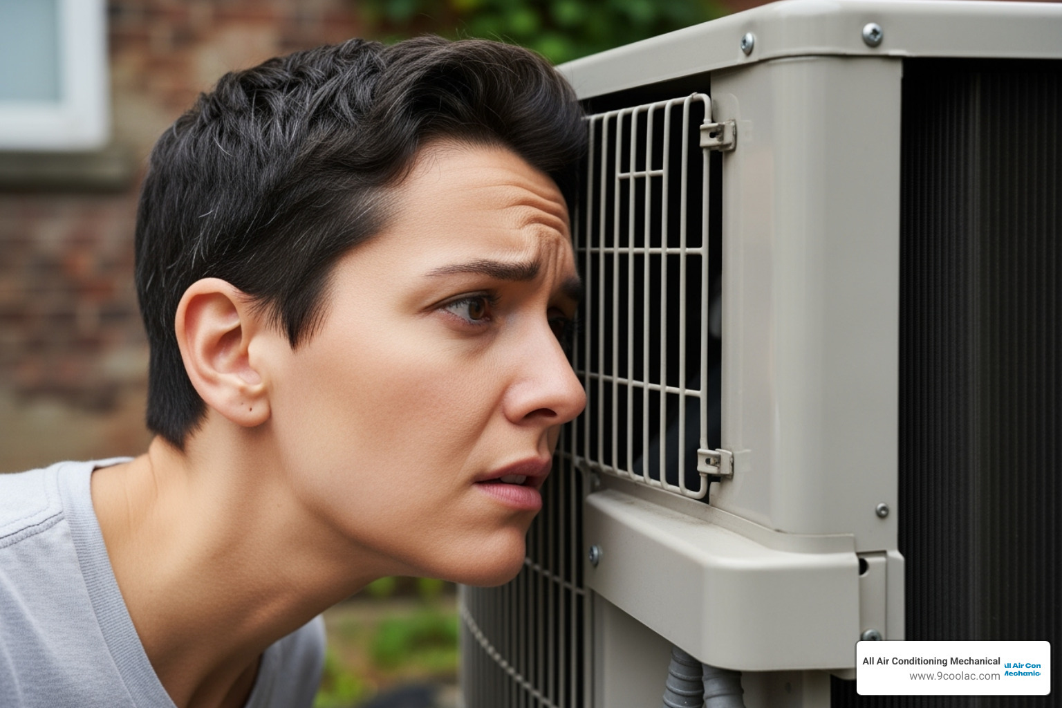 A person with a worried expression listening closely to a loud, vibrating outdoor AC unit - ac maintenance pembroke pines