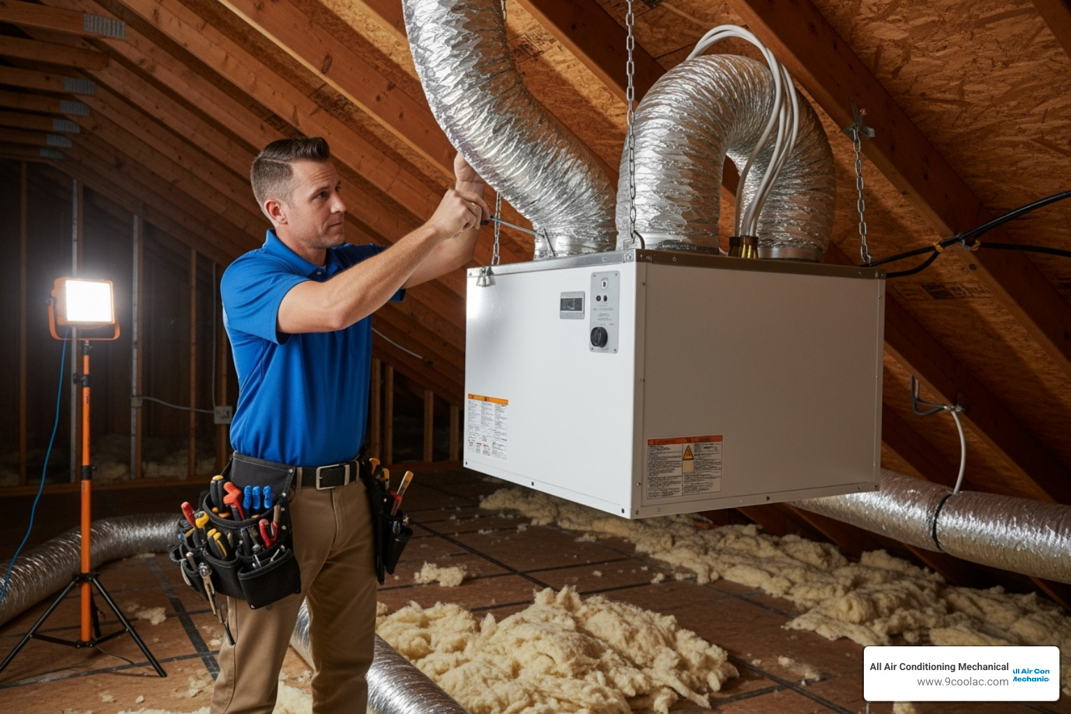 technician professionally installing an indoor air handler - central air installation palm beach