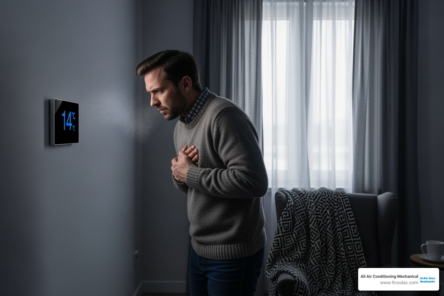 A homeowner looking concerned at their thermostat, which shows a low temperature, while they shiver slightly - emergency heating repair hialeah