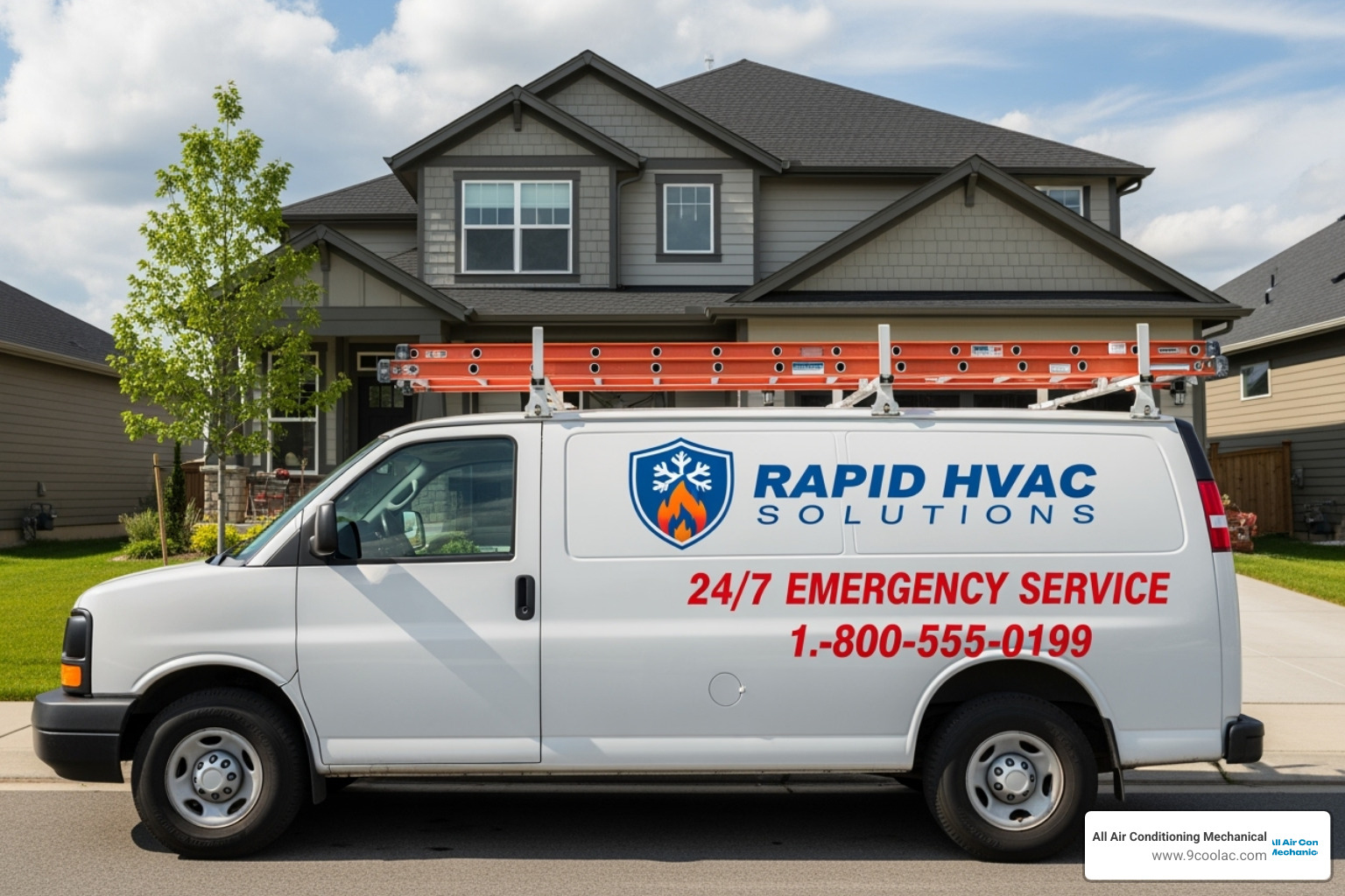 A professional HVAC service van with a "24/7 Emergency Service" logo parked outside a residential home - emergency heating repair hialeah