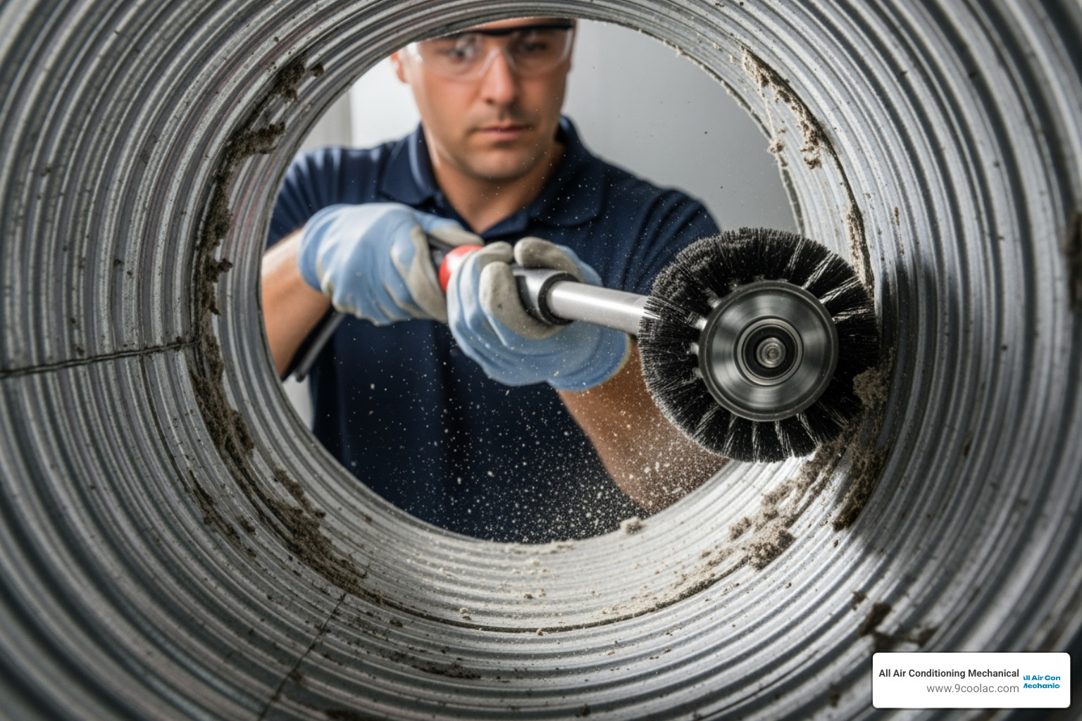 of a technician using a long flexible brush in a dryer vent duct - residential vent cleaning palm beach