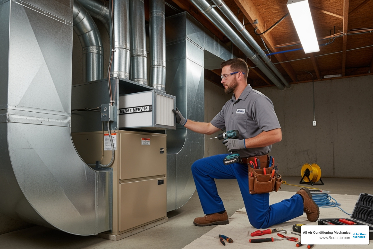technician installing a whole-house air cleaner into an HVAC unit - air cleaner installation broward