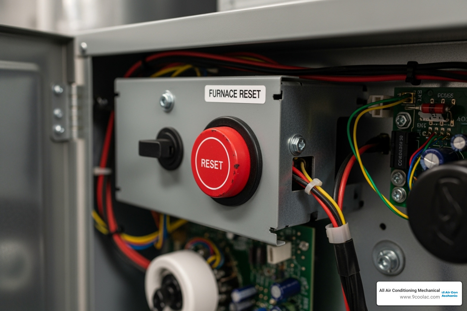 Red furnace reset button inside the access panel - overheat thermostat reset button