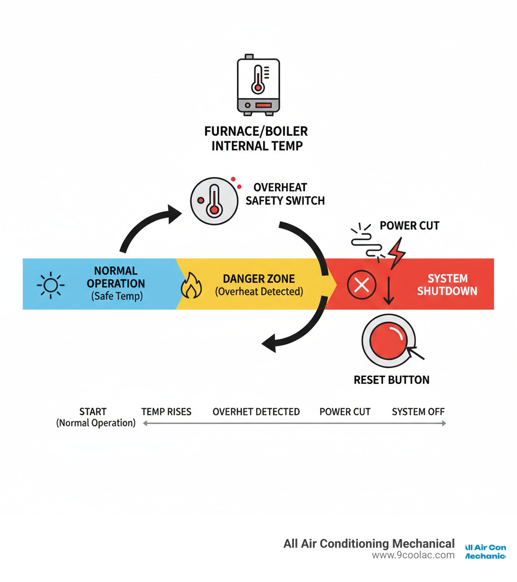 Infographic showing how an overheat safety switch monitors temperature inside a furnace or boiler, automatically cutting power when temperature exceeds safe limits, with arrows showing the sequence from normal operation to overheat detection to system shutdown, including visual indicators of safe temperature range versus danger zone - overheat thermostat reset button infographic 
