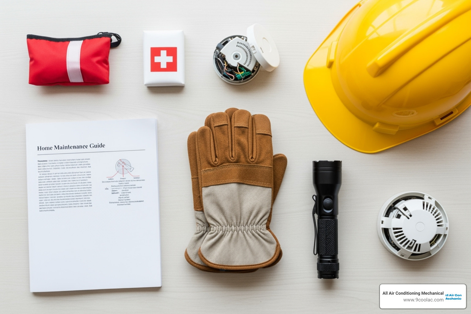 Safety gear including work gloves, a flashlight, and a homeowners manual - overheat thermostat reset button