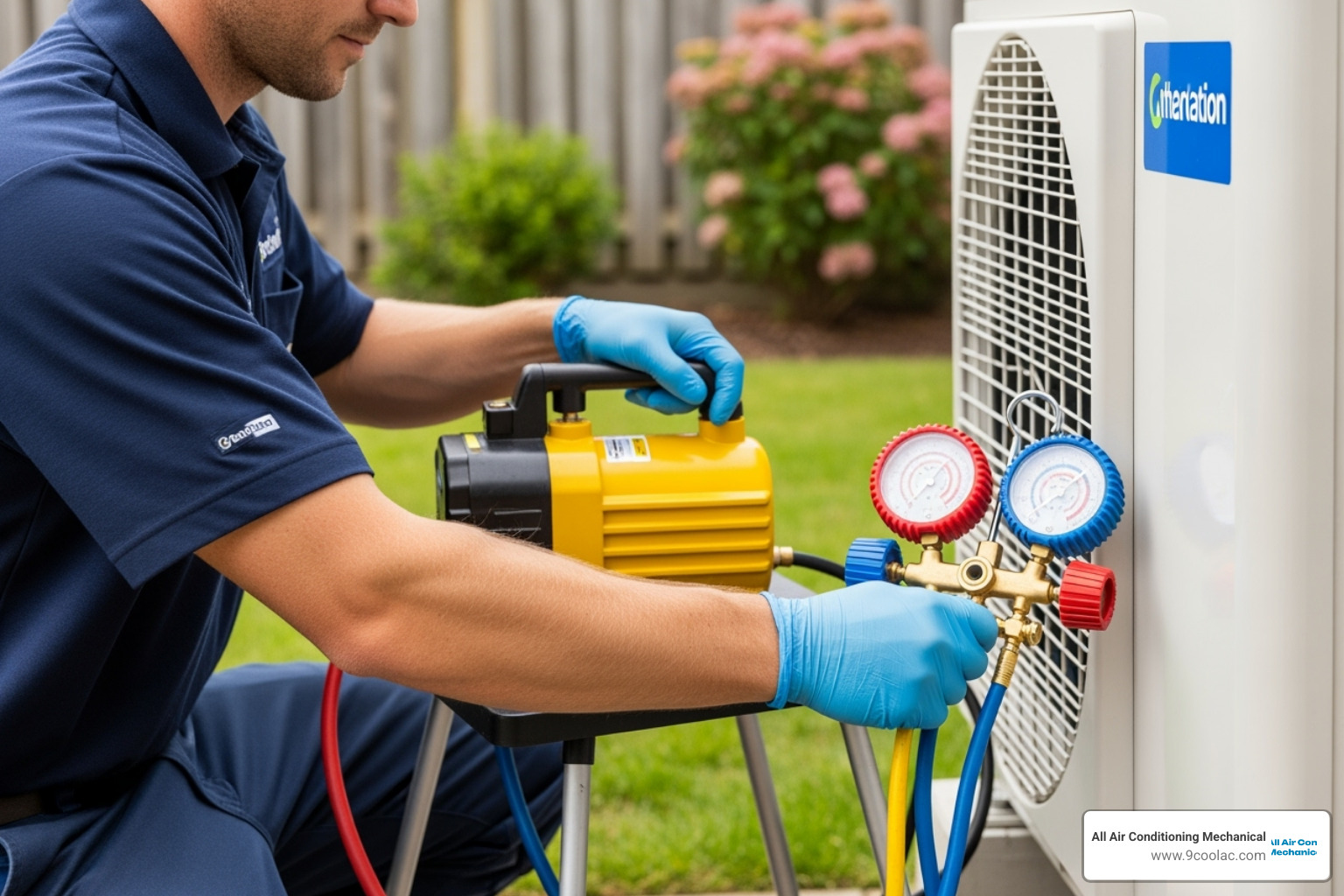 professional HVAC technician using a vacuum pump on refrigerant lines - Mini split AC installation professional HVAC technician using a vacuum pump on refrigerant lines - Mini split AC installation