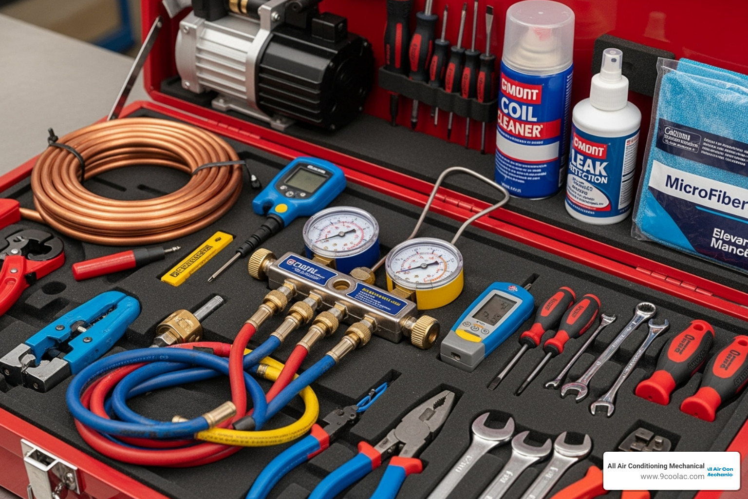 Technician's toolkit with various gauges and cleaning supplies - ac system maintenance medley Technician's toolkit with various gauges and cleaning supplies - ac system maintenance medley