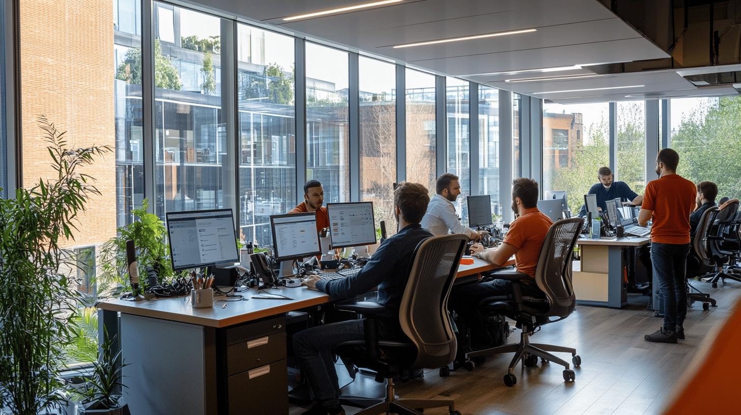 Modern open-plan tech office with large windows, employees working at desks with multiple computer monitors, indoor plants, and natural light streaming through glass walls showcasing urban architectural backdrop