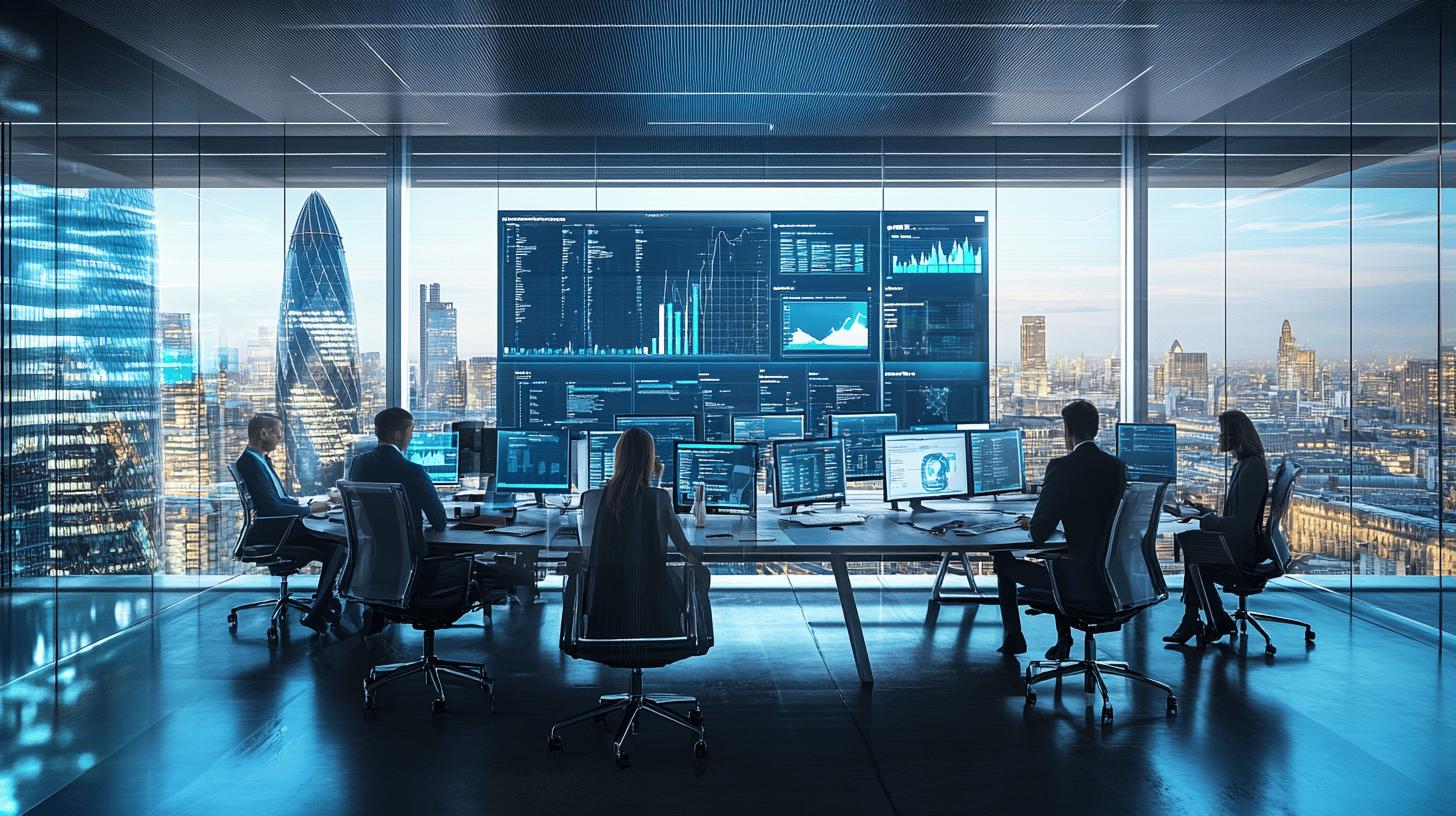 high-tech financial trading room with data analysts monitoring multiple screens of stock market analytics, overlooking modern London cityscape with Gherkin and other iconic skyscrapers