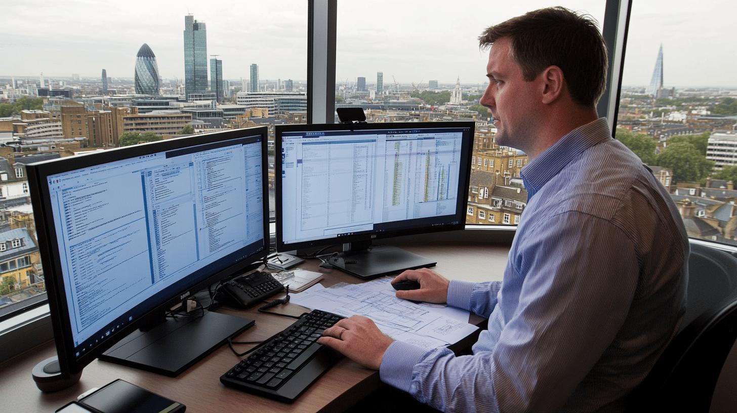 Professional working at dual-monitor workstation with London skyline, featuring Gherkin and Shard buildings in background, analyzing spreadsheets and documents
