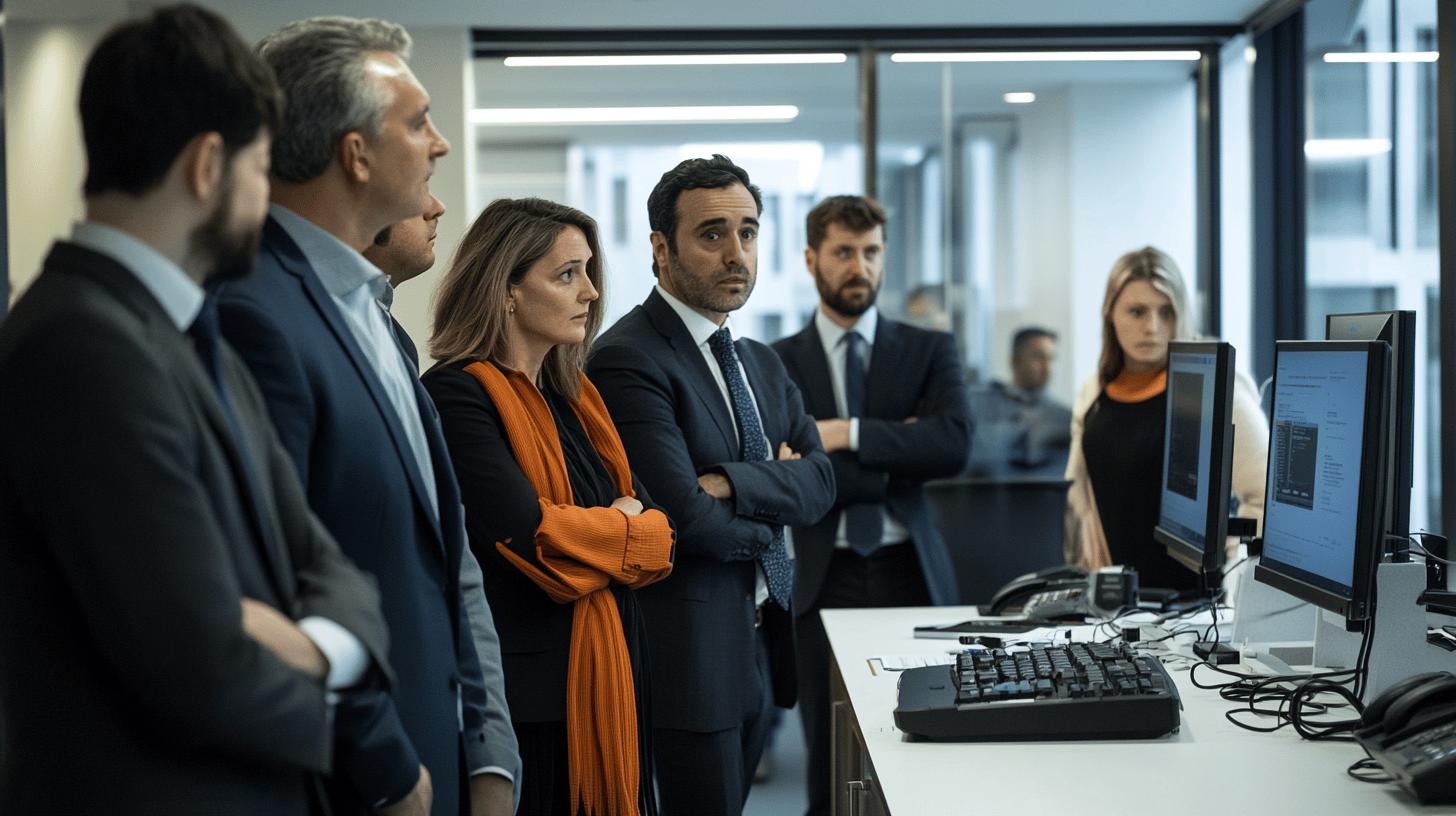 A professional collaboration scene featuring a confident presenter engaging a diverse team in a modern office, with data visualisation screens in the background, symbolising innovation, technology, and strategic digital transformation for businesses.