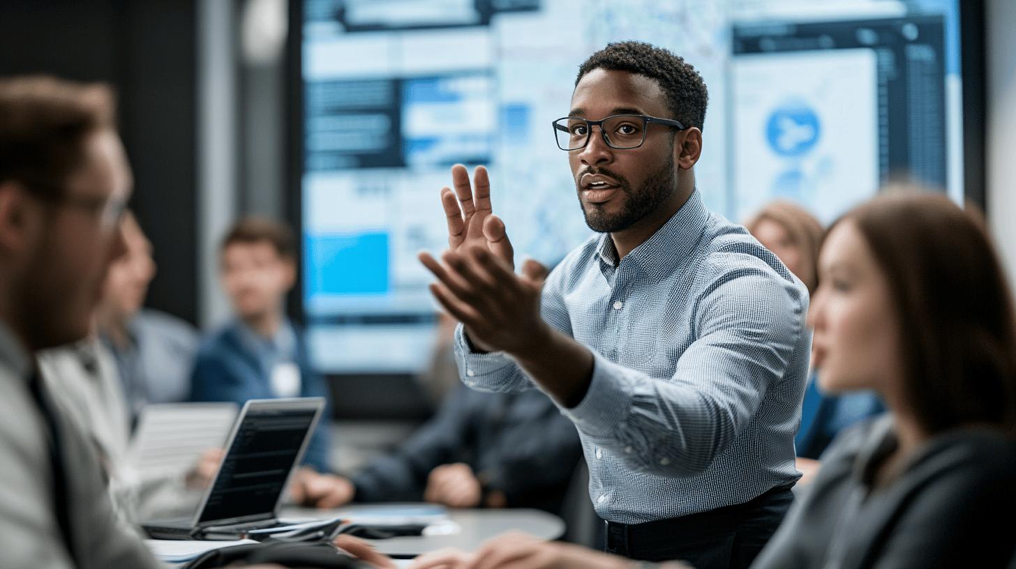 Professional African American businessman presenting and gesturing during corporate meeting with digital screens and colleagues in background