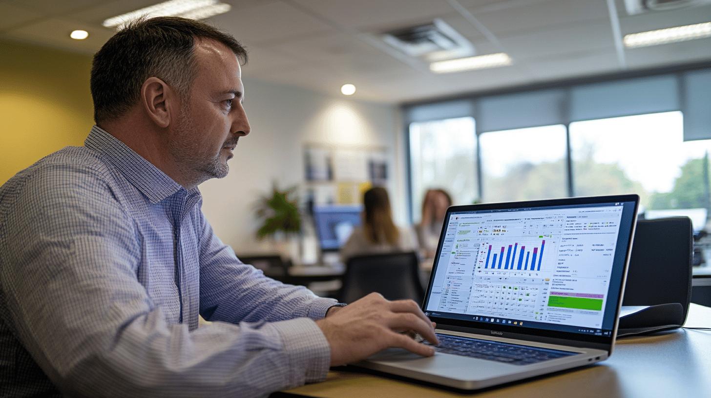 A professional meeting room with attendees using laptops, focusing on a large screen displaying complex data visualizations and business analytics, symbolizing collaboration, digital transformation, and data-driven decision-making.