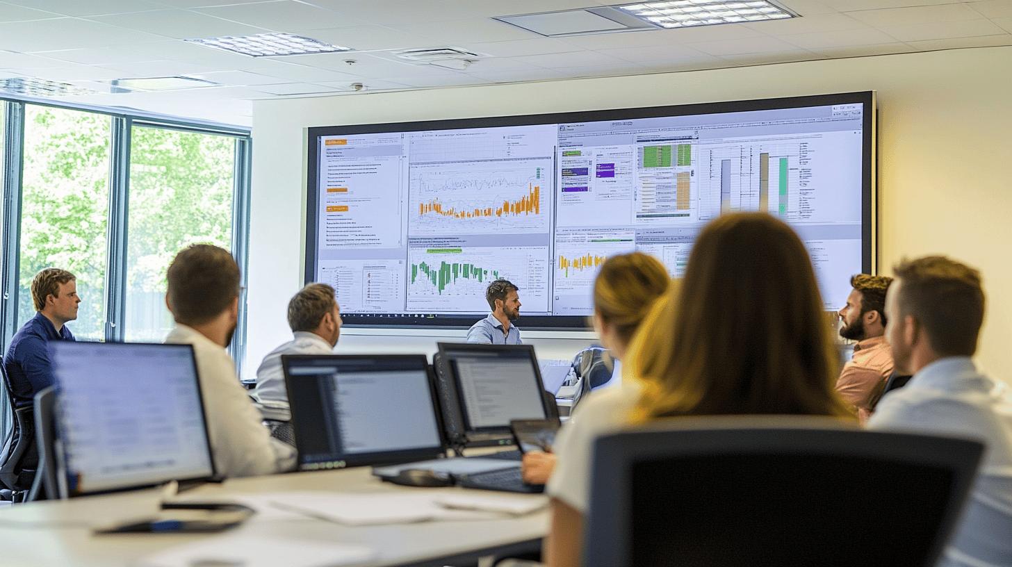 Business data analytics team reviewing performance metrics on large screen in modern office meeting room with laptops and data visualization dashboard