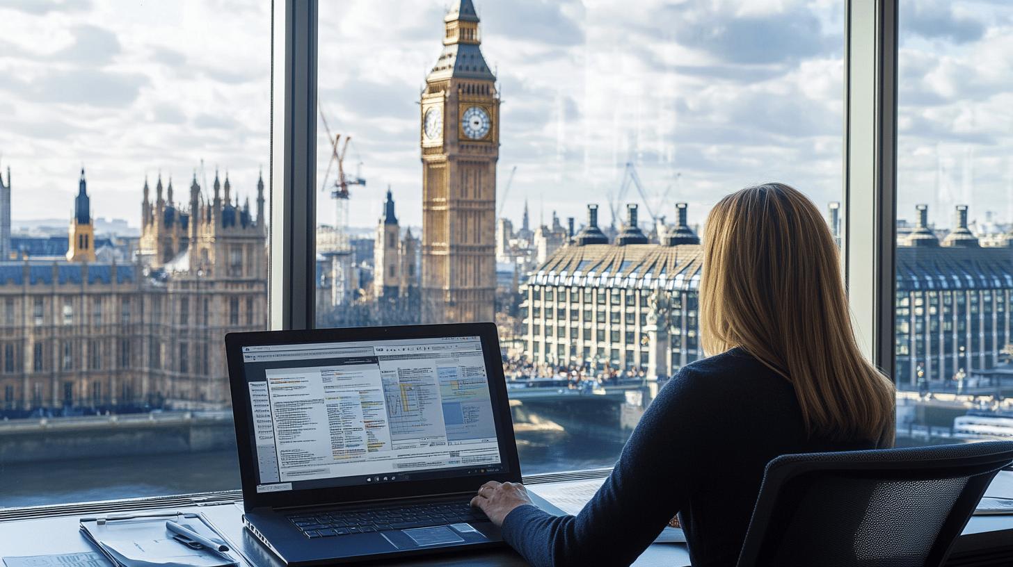 Professional working on laptop with Big Ben and Houses of Parliament skyline view in London, showcasing modern workspace with iconic cityscape background