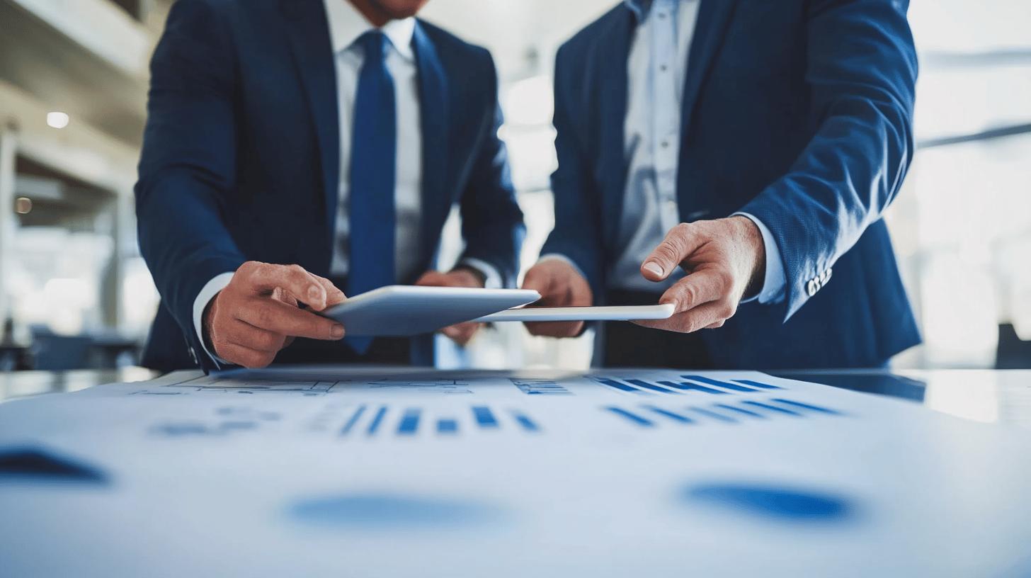 Close-up of business professionals in navy suits reviewing financial documents with blue bar graphs and charts, showcasing corporate collaboration and data analysis