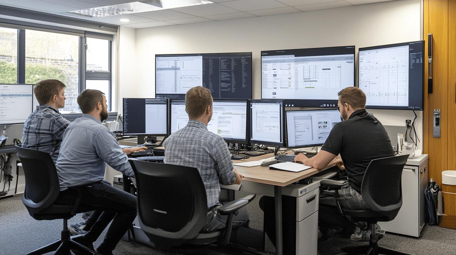 Software developers working at multi-monitor workstations in modern office with data screens and programming interfaces