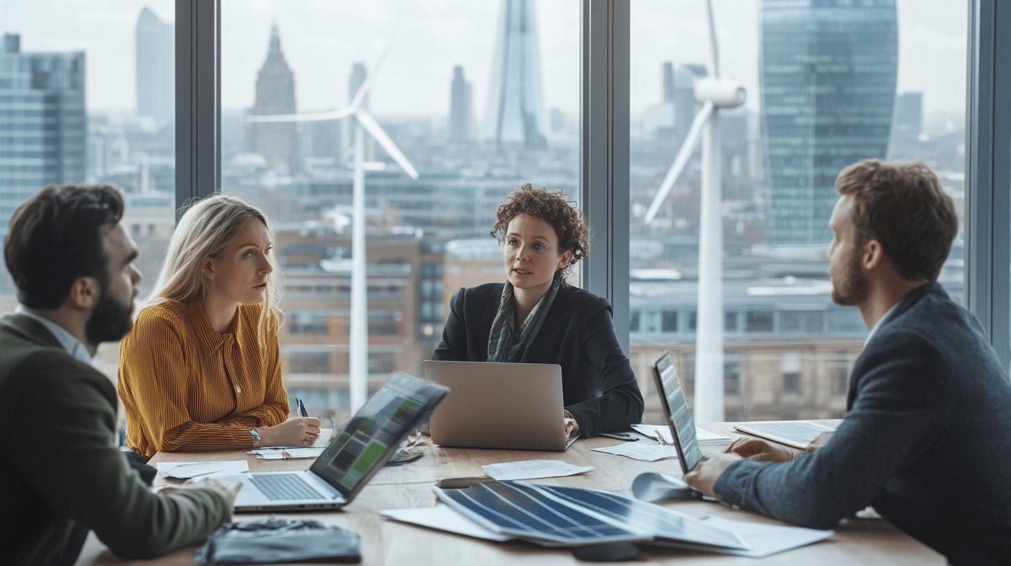 Professional business meeting with diverse team in modern office with London city skyline, featuring colleagues collaborating around conference table with laptops and documents