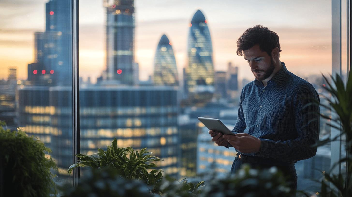 professional working on tablet near office window with London city skyline and Gherkin skyscraper at sunset