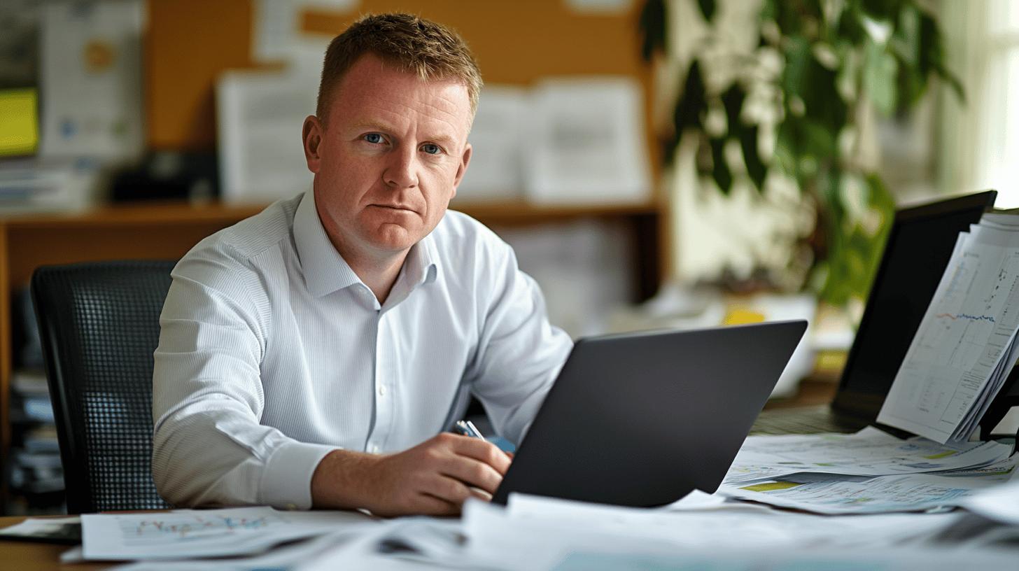 Professional businessman working at desk with laptop and financial documents in office environment with plants and shelves in background
