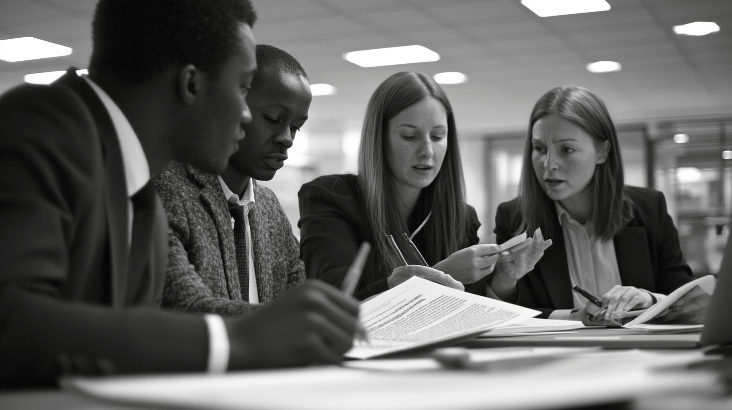 Professional business team collaborating in office meeting, reviewing documents with focused expressions in black and white setting