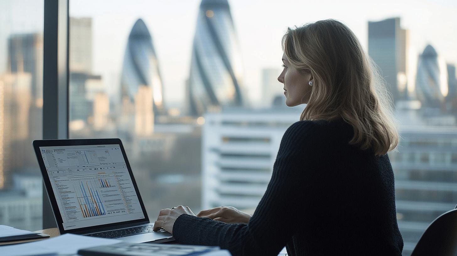 A focused professional seated at a desk with a laptop amidst documents and charts. The background includes an office setting with natural light and plants, reinforcing themes of productivity, strategy, and business optimisation.