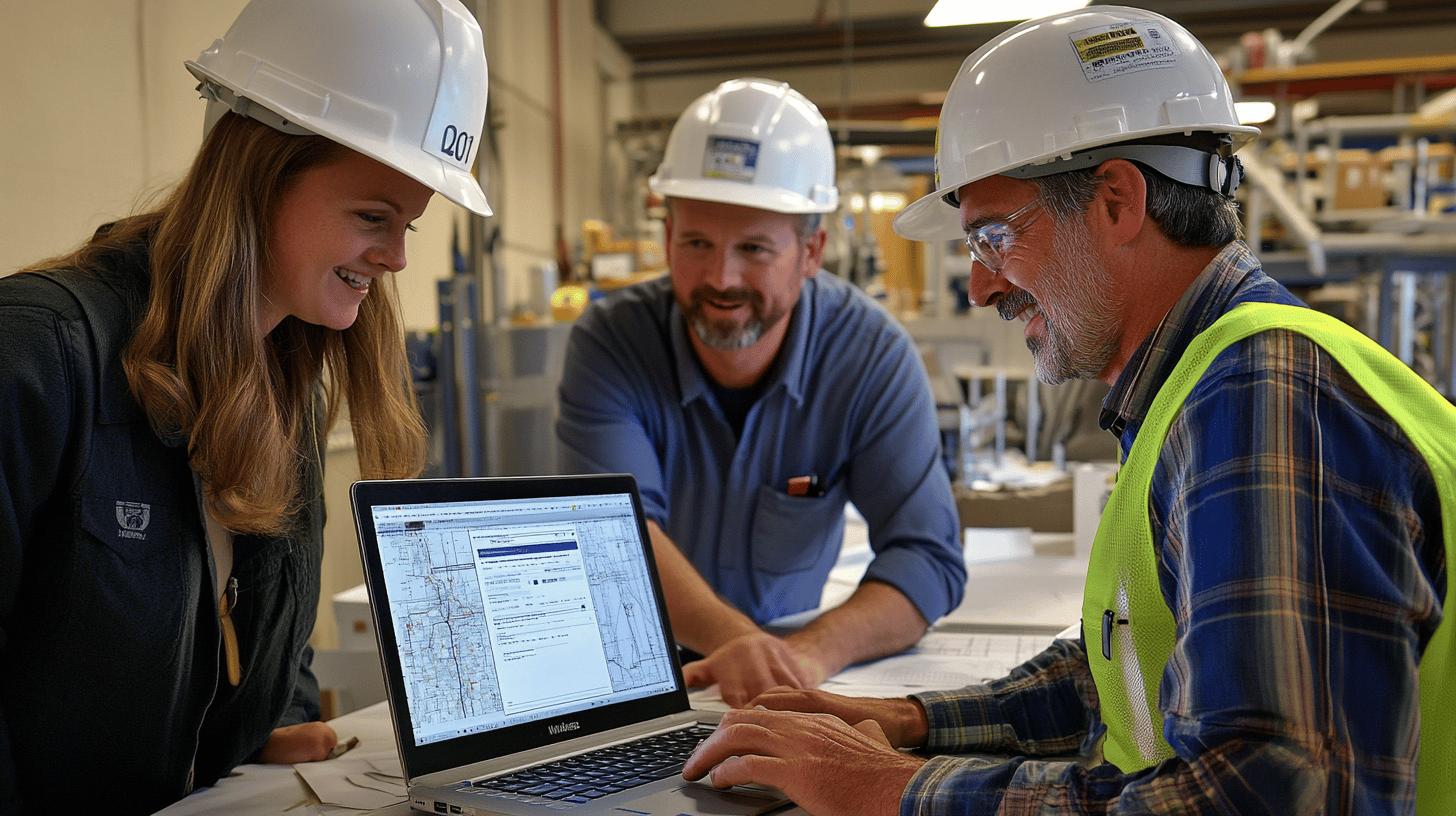 Construction workers in safety helmets collaborating on project using laptop in industrial facility, reviewing technical blueprints and smiling together