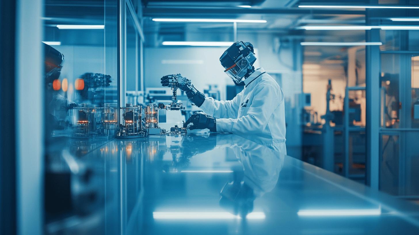 Robotic AI researcher in clean white protective suit working on advanced technology in a high-tech blue-tinted laboratory with scientific equipment