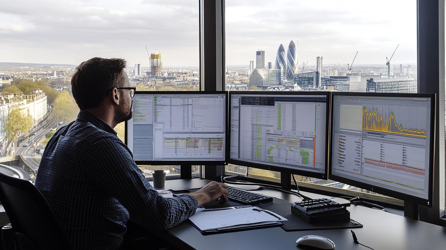 Professional data analyst monitoring multiple screens with graphs and data, overlooking London financial district cityscape with iconic Gherkin building in view