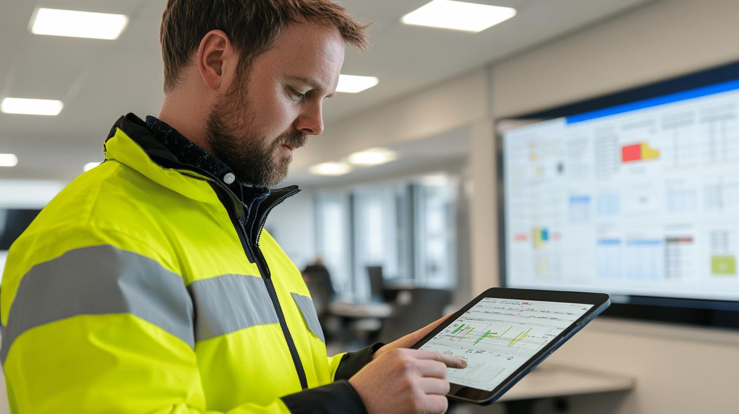 A professional in a business environment interacts with a digital tablet, surrounded by documents and papers, representing workflow optimisation and digital transformation in organisational settings.