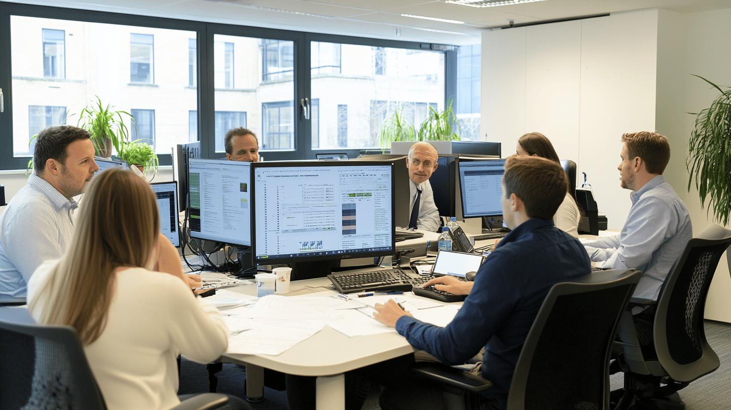 Open office workspace with professionals working together, analyzing data on multiple computer screens, with green plants and large windows in modern corporate environment