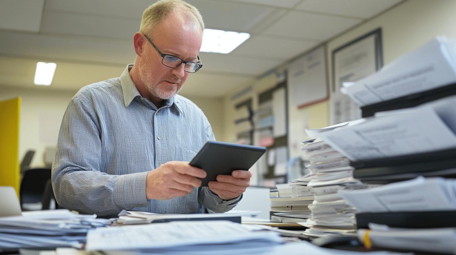 Professional working in an office, using a tablet amidst stacks of documents and papers with office shelving and fluorescent lighting in the background