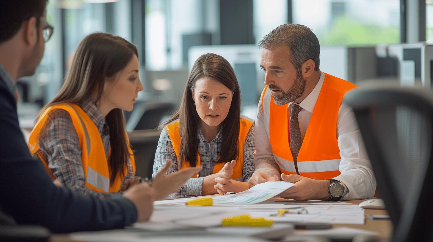 Construction team in safety vests collaborating on project documents in modern office meeting