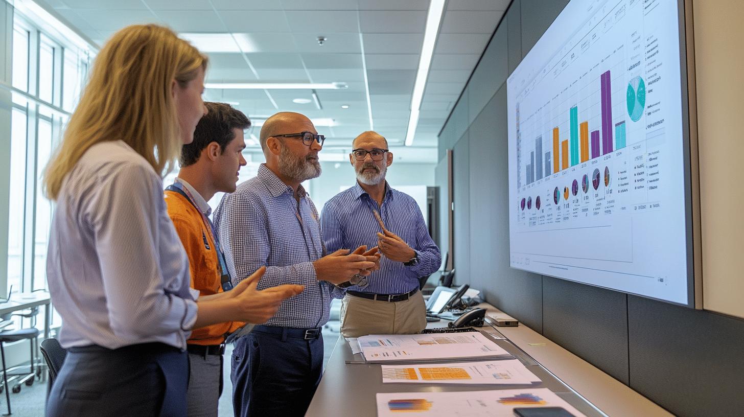 Business professionals analyzing data visualization dashboard in modern office meeting room with large screen display of colorful bar and pie charts
