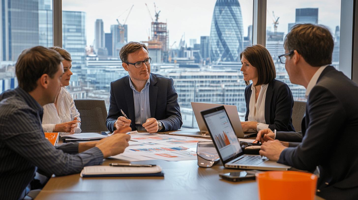 A professional team collaborating in a modern office, analyzing colorful charts and graphs on a large digital screen, emphasizing data-driven decision-making and streamlined business processes.