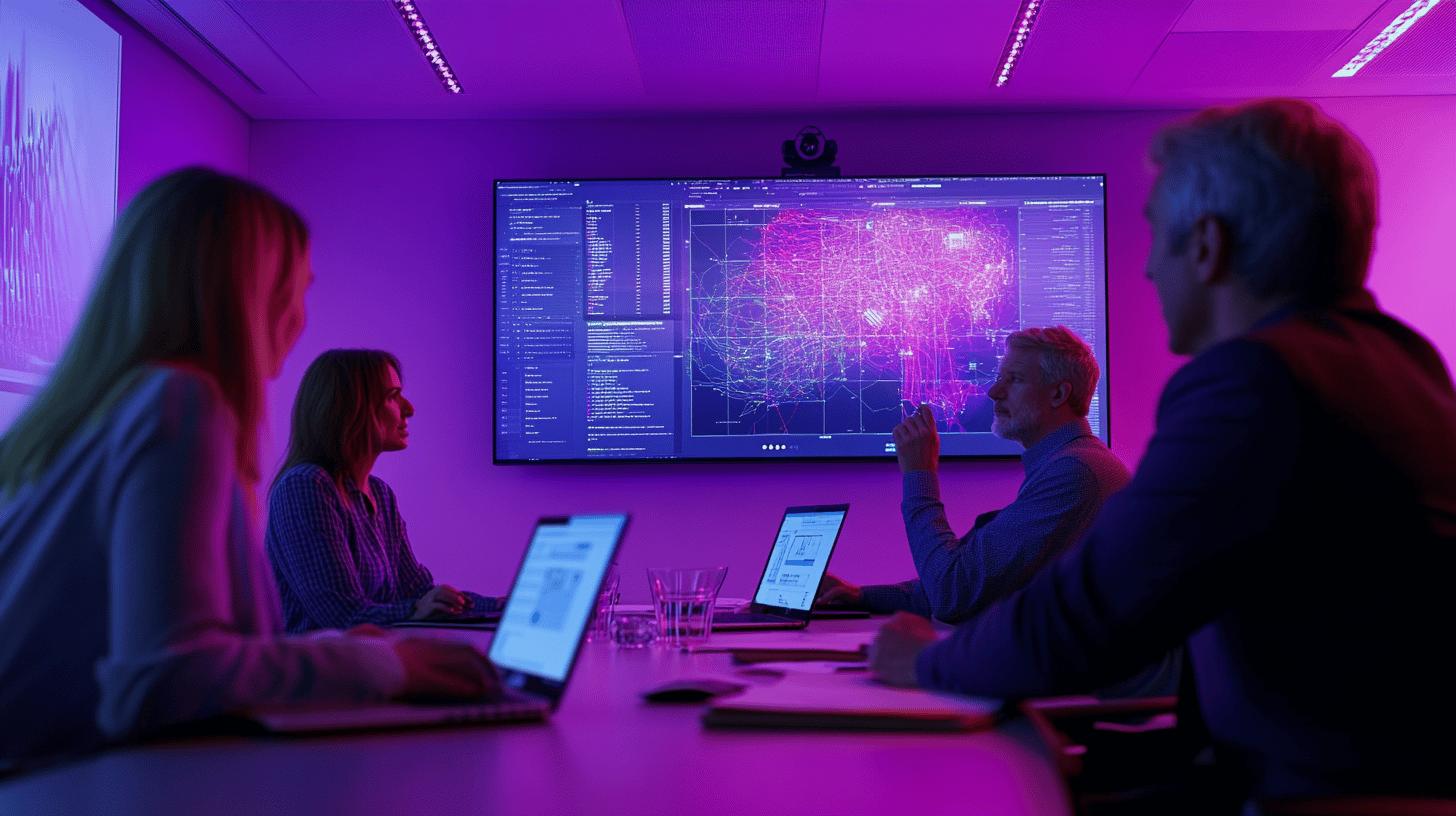 Team analyzing complex network data visualization on large screen in purple-lit tech meeting room, with multiple laptops and interactive dashboard displaying intricate geographical network map