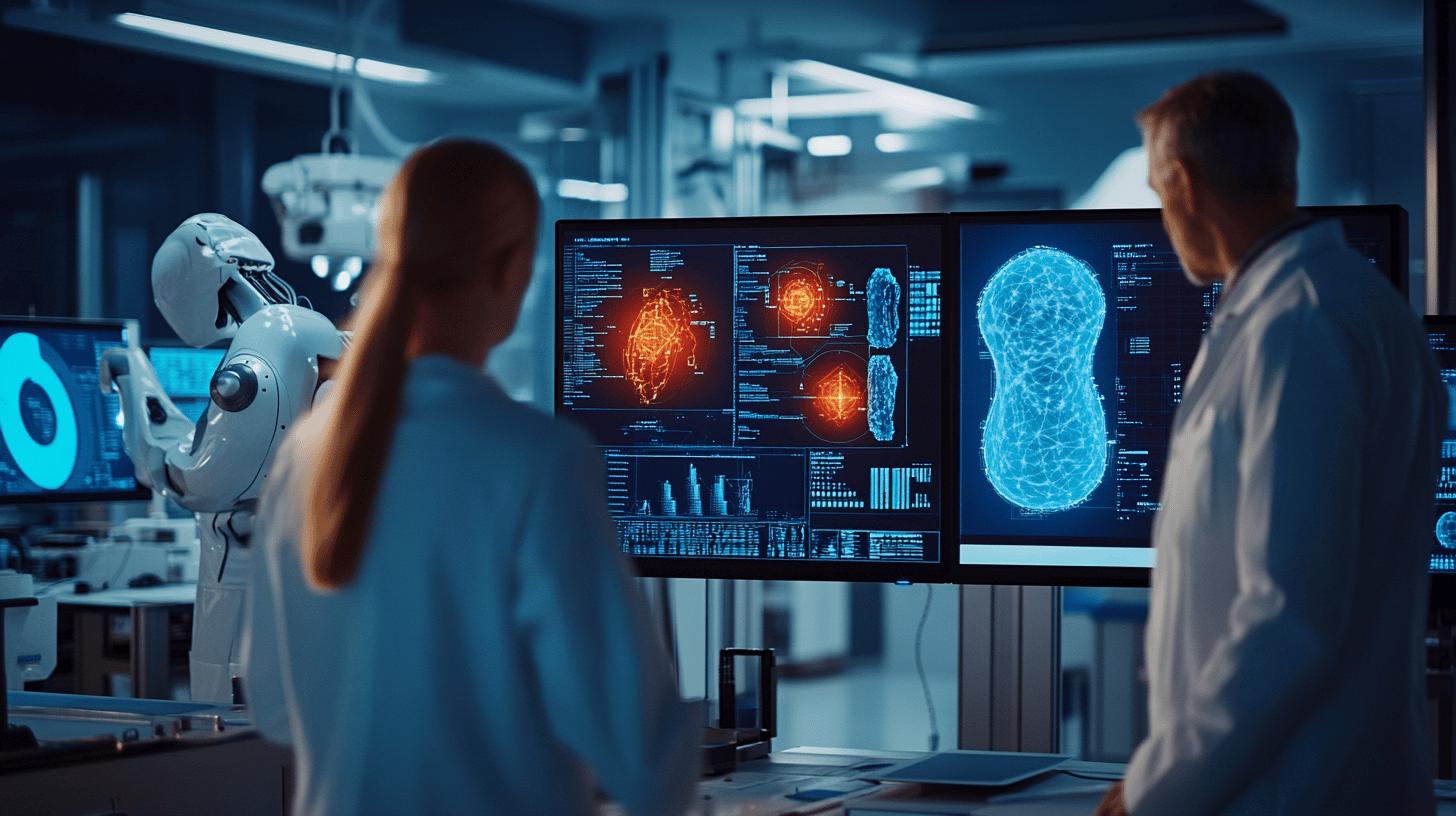 Robotic AI research laboratory with advanced holographic brain imaging displays, featuring a humanoid robot and medical researchers analyzing neurological data visualizations in a high-tech scientific environment