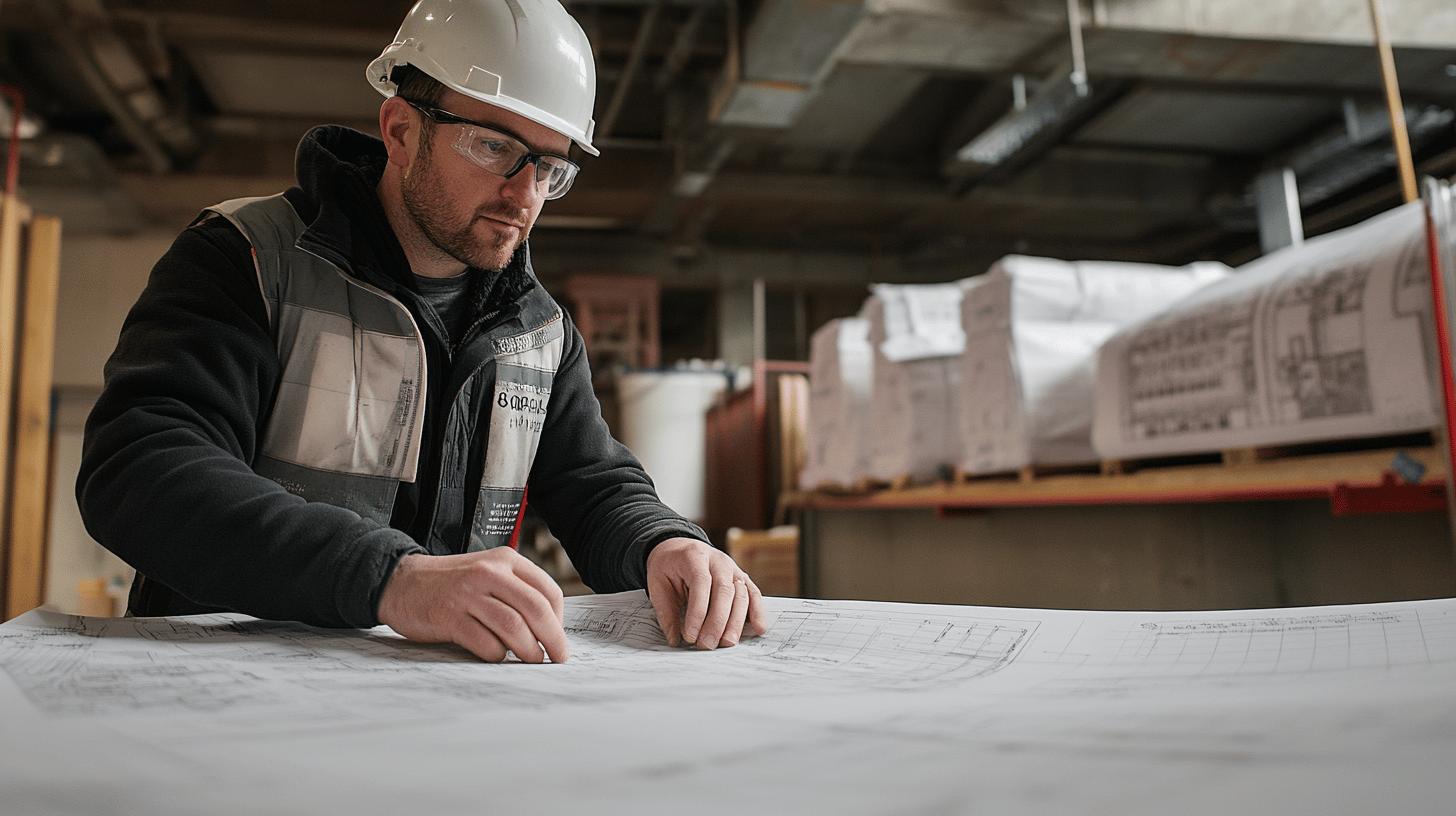 Construction professional reviewing blueprints in industrial workspace, wearing white hard hat, safety glasses, and protective work jacket while carefully examining technical documents on drafting table