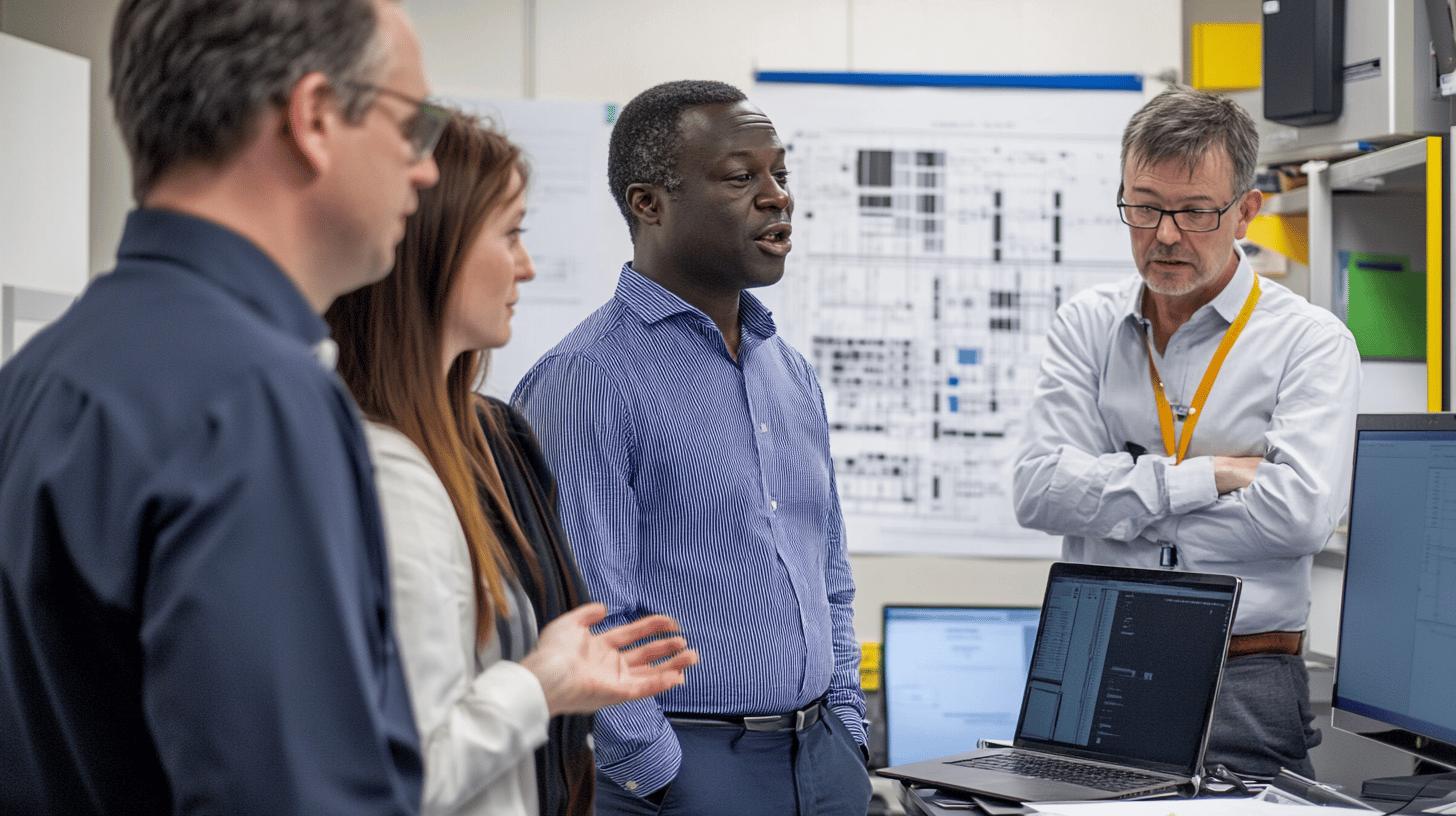 Diverse team of professionals collaborating in a technical office, discussing project details with laptops and technical diagrams in background
