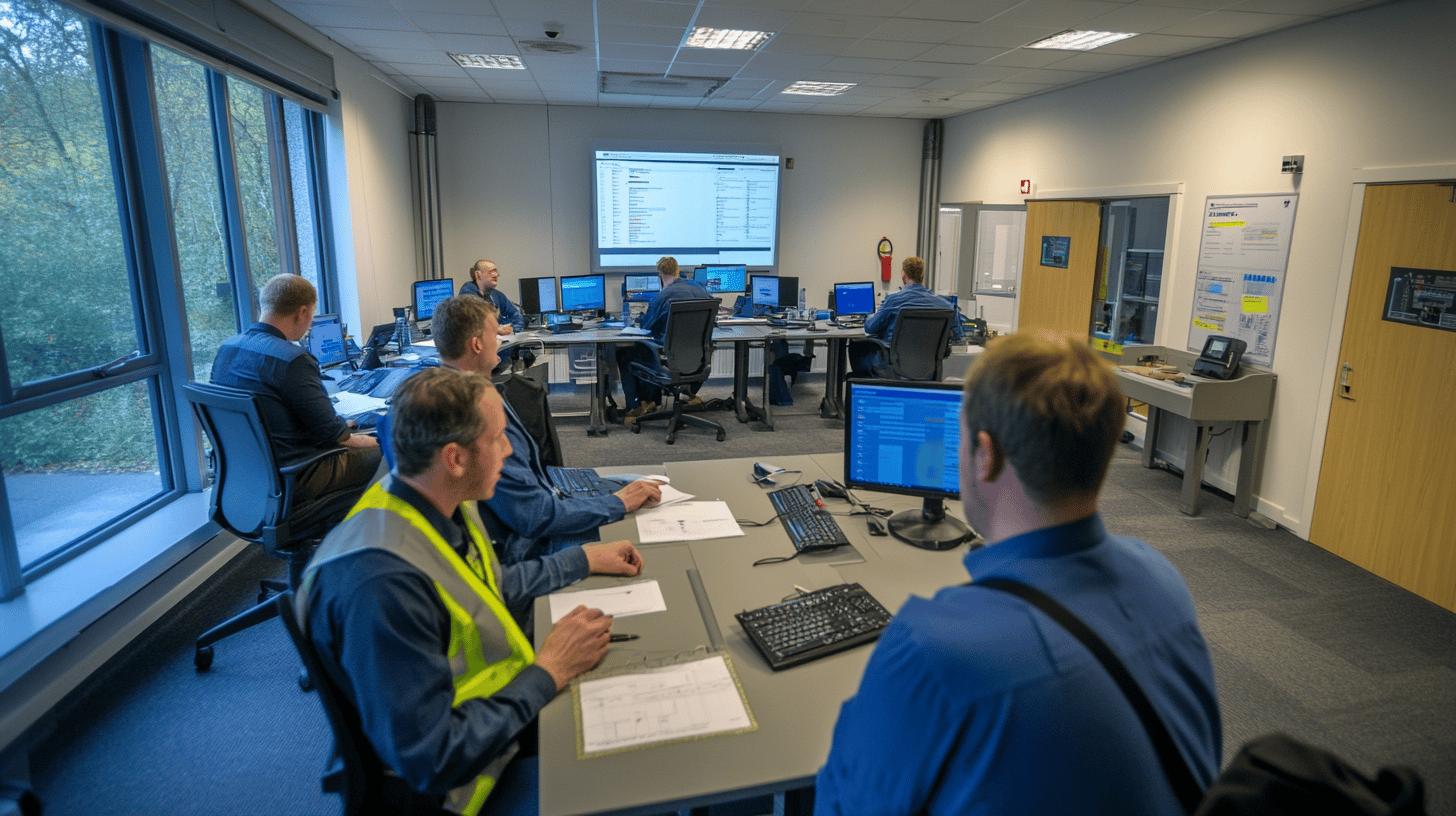 Industrial control room with multiple workers in blue uniforms monitoring computer screens, featuring safety vest, workstations, and large projection display with trees visible through window