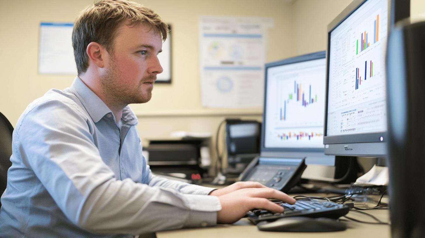A focused professional examines analytics on a tablet in a modern office with technical documents and screens in the background, symbolising efficient software solutions and digital transformation.