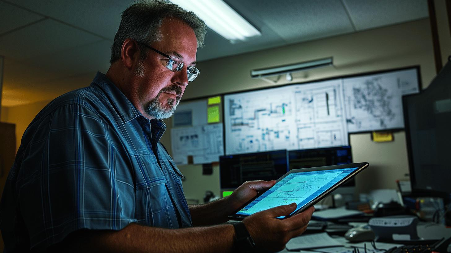 Experienced professional in blue plaid shirt analyzing technical diagrams on tablet in dimly lit control room with multiple monitor screens in background