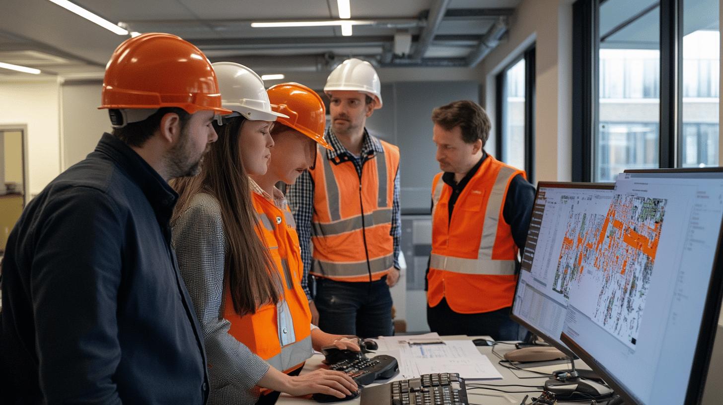 Construction team in safety vests and hard hats reviewing technical site plans on computer monitor in office workspace