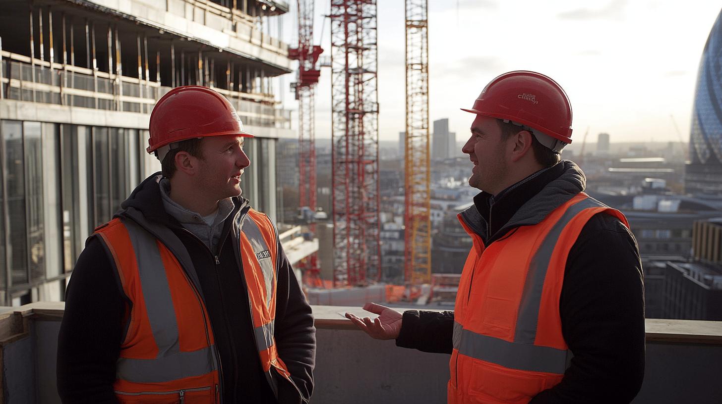 A smiling construction professional in a hard hat and safety vest holds a tablet, standing amidst skyscrapers and cranes, symbolizing innovation, efficiency, and digital transformation in business operations.