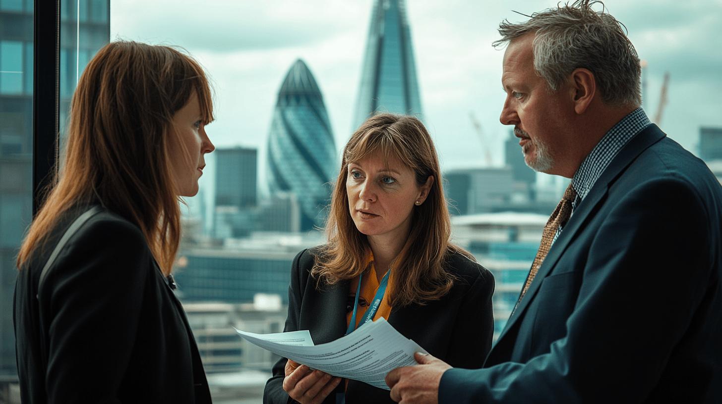 Professional business meeting in London with Gherkin skyscraper, three corporate professionals discussing documents with serious expressions, city skyline in background