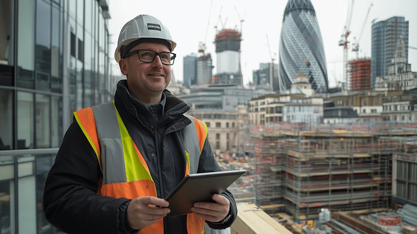 Construction site safety inspector in hard hat and high-visibility vest using tablet, with London's Gherkin building and urban skyline in background