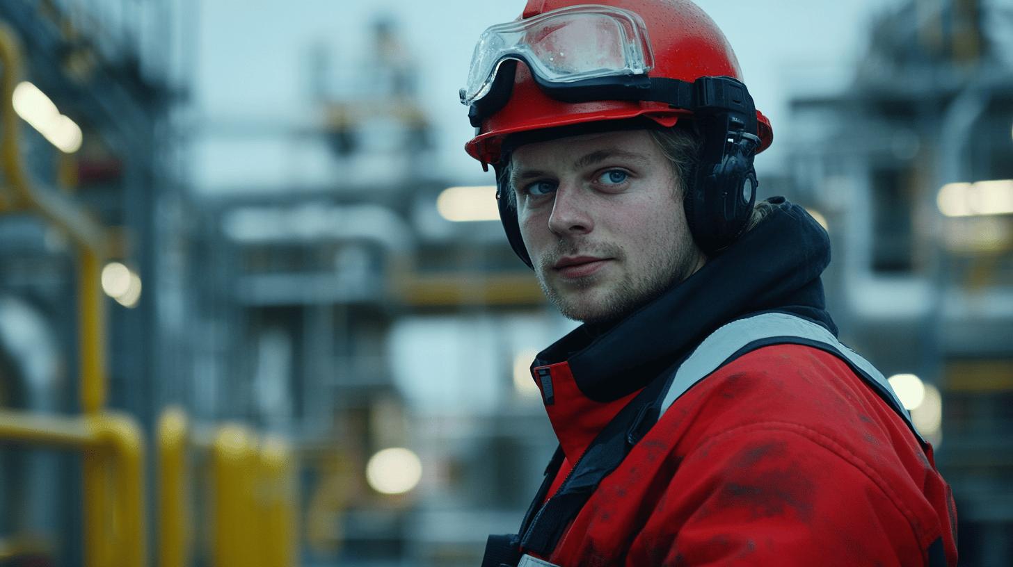 A modern workspace with a monitor displaying data analytics and graphs, set against a backdrop of illuminated offshore oil rigs and water, symbolizing innovation, efficiency, and technology integration in dynamic business environments.
