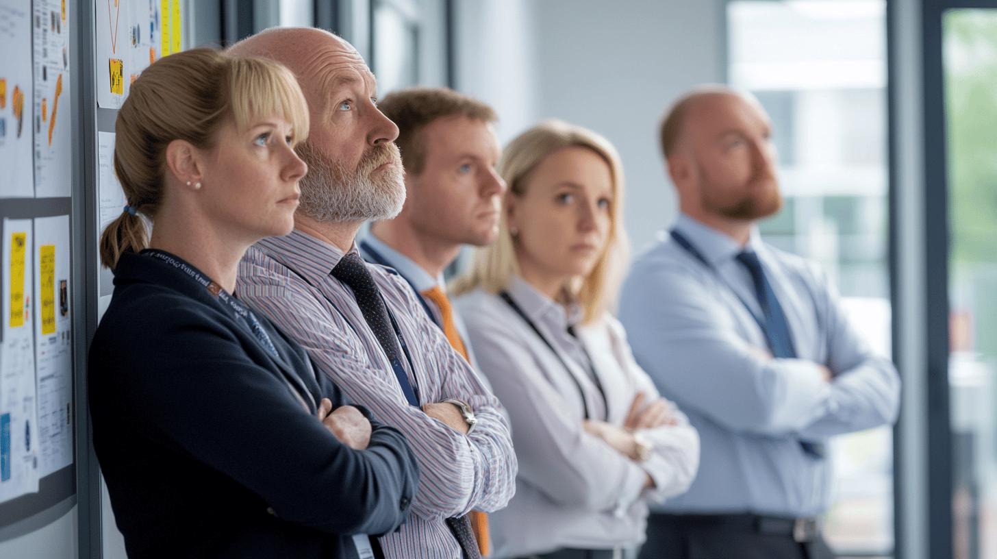 Professional business team standing together in office, looking thoughtful with serious expressions, diverse group of colleagues with arms crossed near window and information board