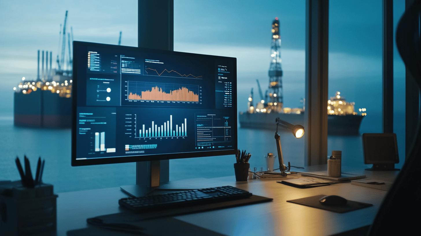 Computer monitor displaying data analytics dashboard with charts and graphs, overlooking industrial maritime setting with oil platforms and ships at dusk